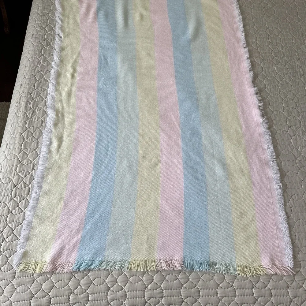 Vintage Acrylic Baby Blanket Pastel Stripe Fringe Receiving Pink Blue Yellow